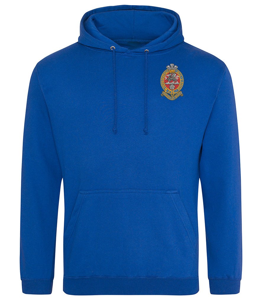 Royal blue hoodie with embroidered Princess of Wales's Royal Regiment emblem, featuring a double-layered hood and front pouch pocket.