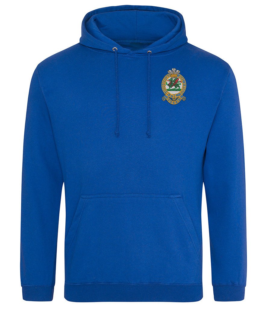 Blue Queens Regiment hoodie with embroidered emblem, featuring a drawstring hood and front pouch pocket.