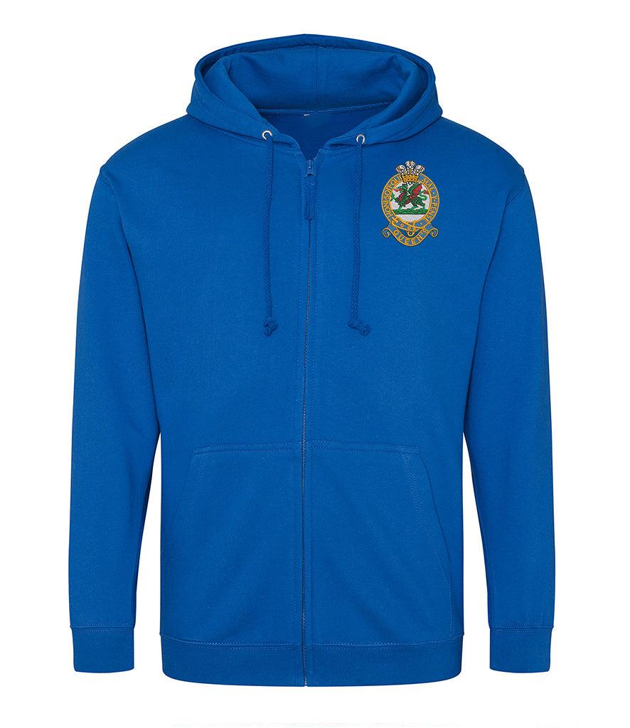 Blue Queens Regiment Zoodie with embroidered emblem, cotton-polyester blend, double hood, and front zipper for comfort and style.