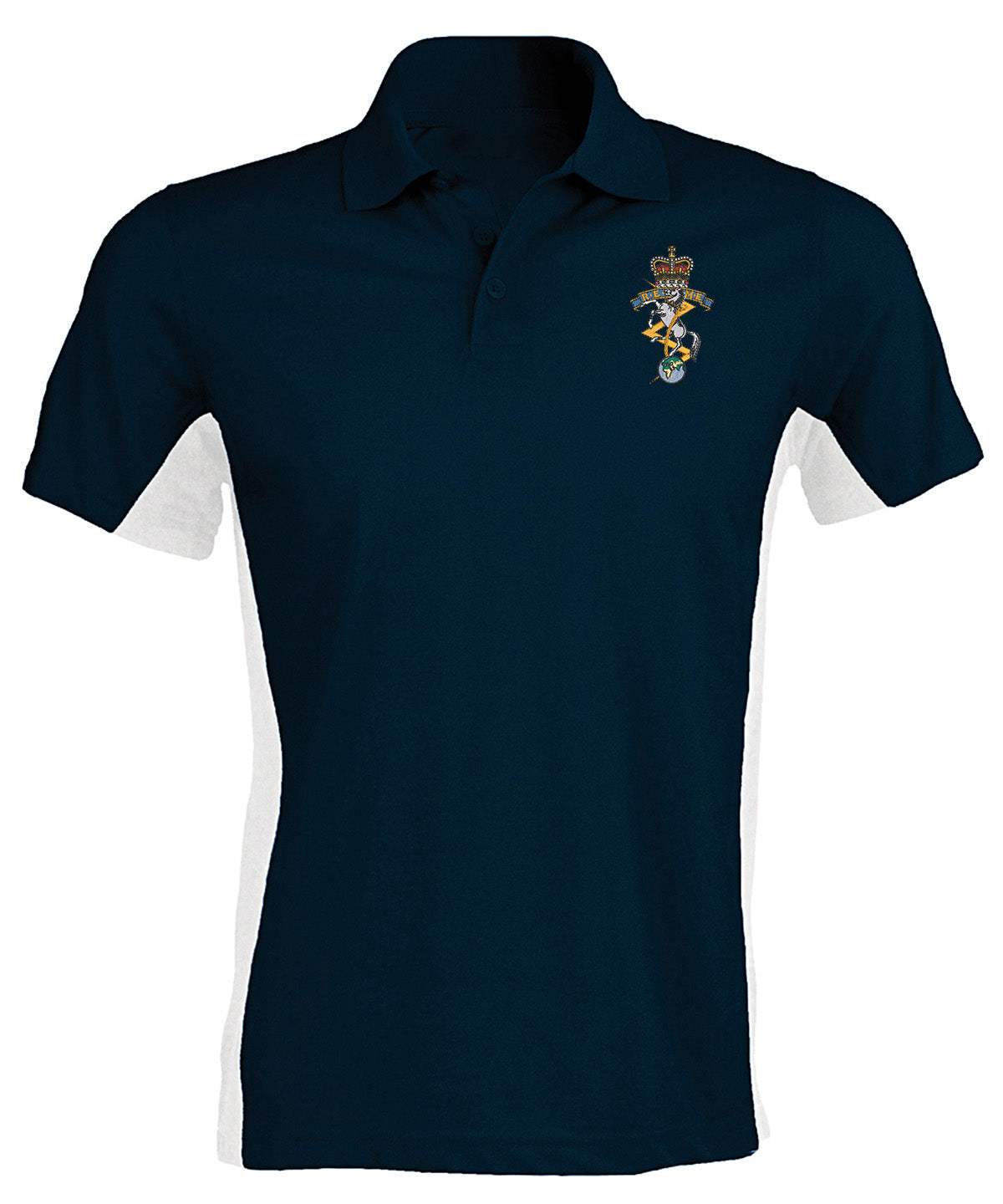 Navy and white REME polo shirt with King's and Queen's Cypher logo on chest.