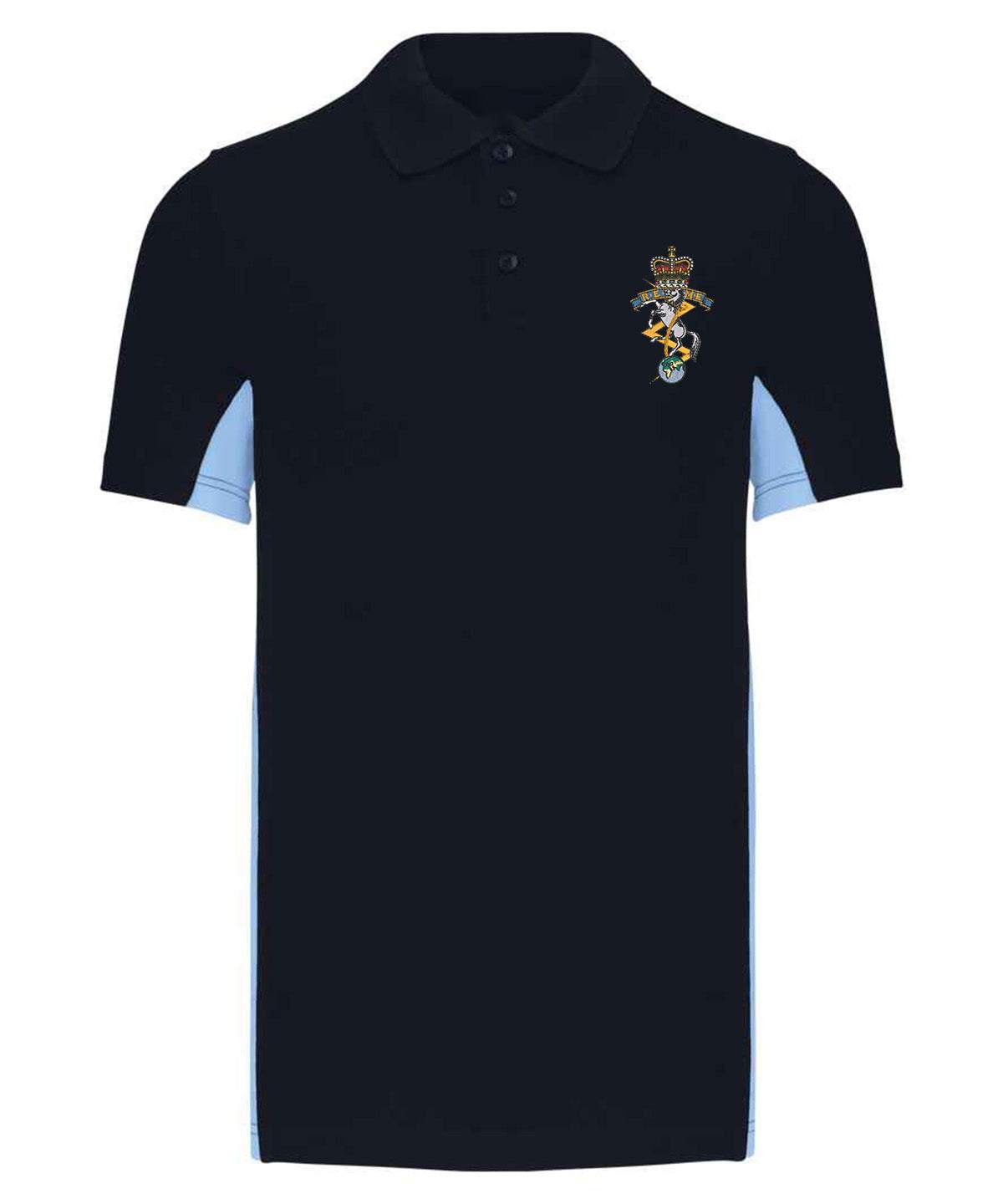 REME Bi Colour Polo Shirt in navy and white with King's and Queen's Cypher logo on chest.