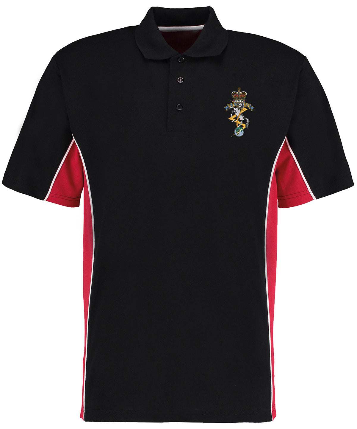 REME Contrast Pique Polo Shirt with embroidered badge, black and red design, 65% polyester, 35% cotton.