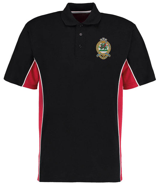 Queens Regiment Contrast Pique Polo Shirt with embroidered emblem, black with red panels and white piping.