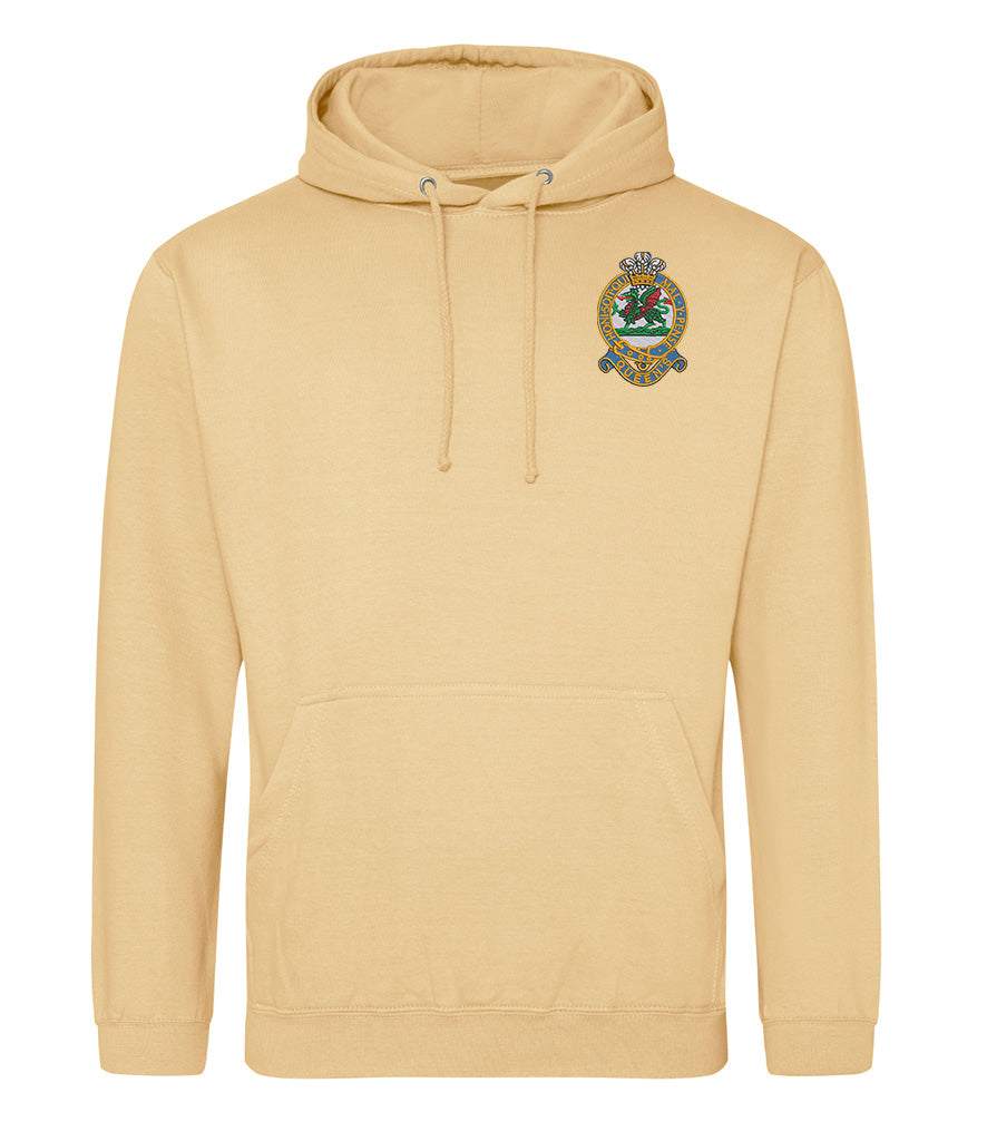 Queens Regiment Hoodie with embroidered emblem, beige color, featuring drop-shoulder design, front pouch pocket, and double-layered hood.