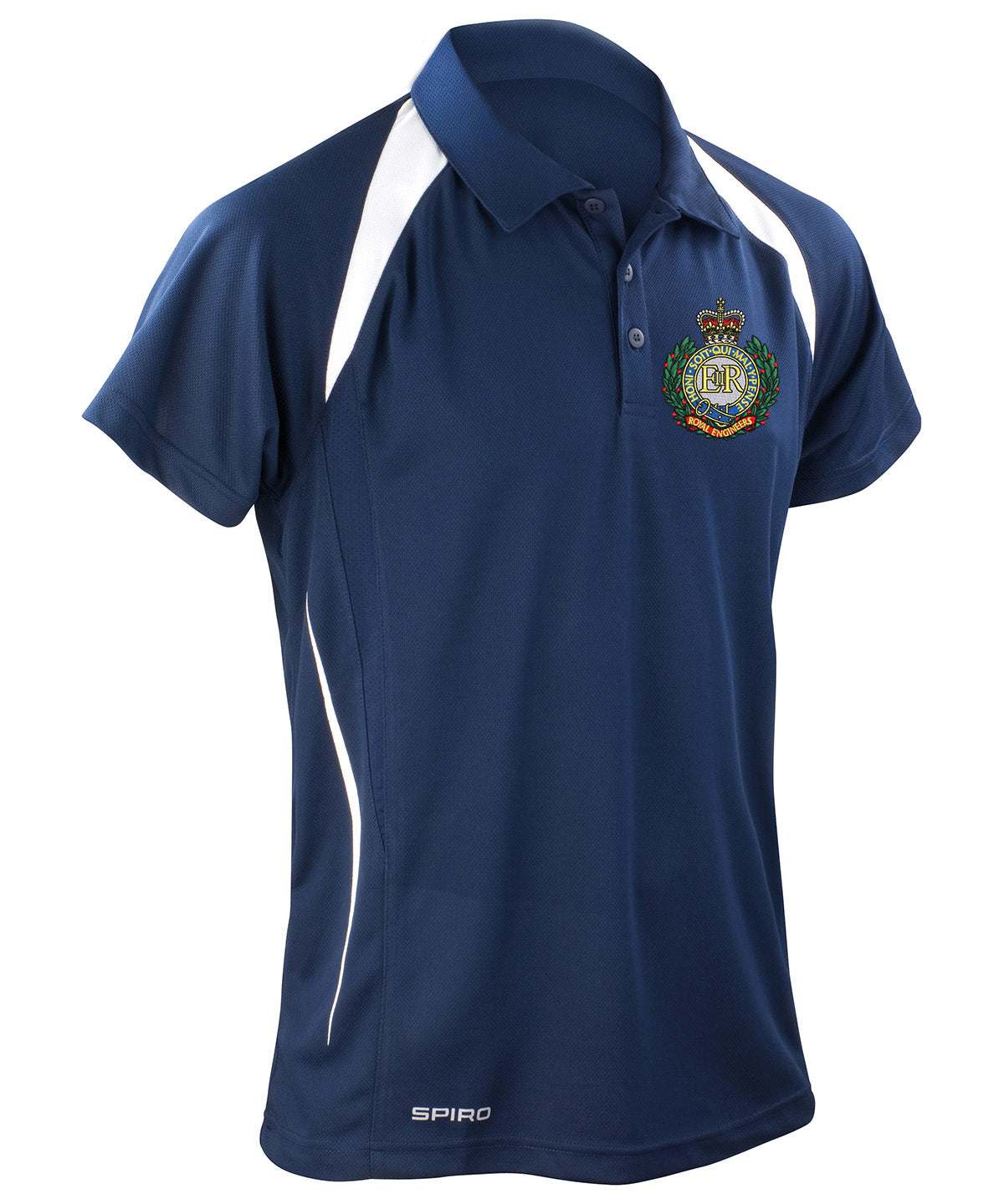 Navy and white Royal Engineers polo shirt with embroidered logo, Cool-Dry® mesh, moisture-wicking fabric, and classic styling.